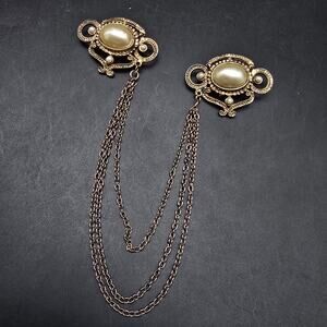Gold Tone Faux Pearl Chained Brooches Sweater Clip Vintage Jewelry